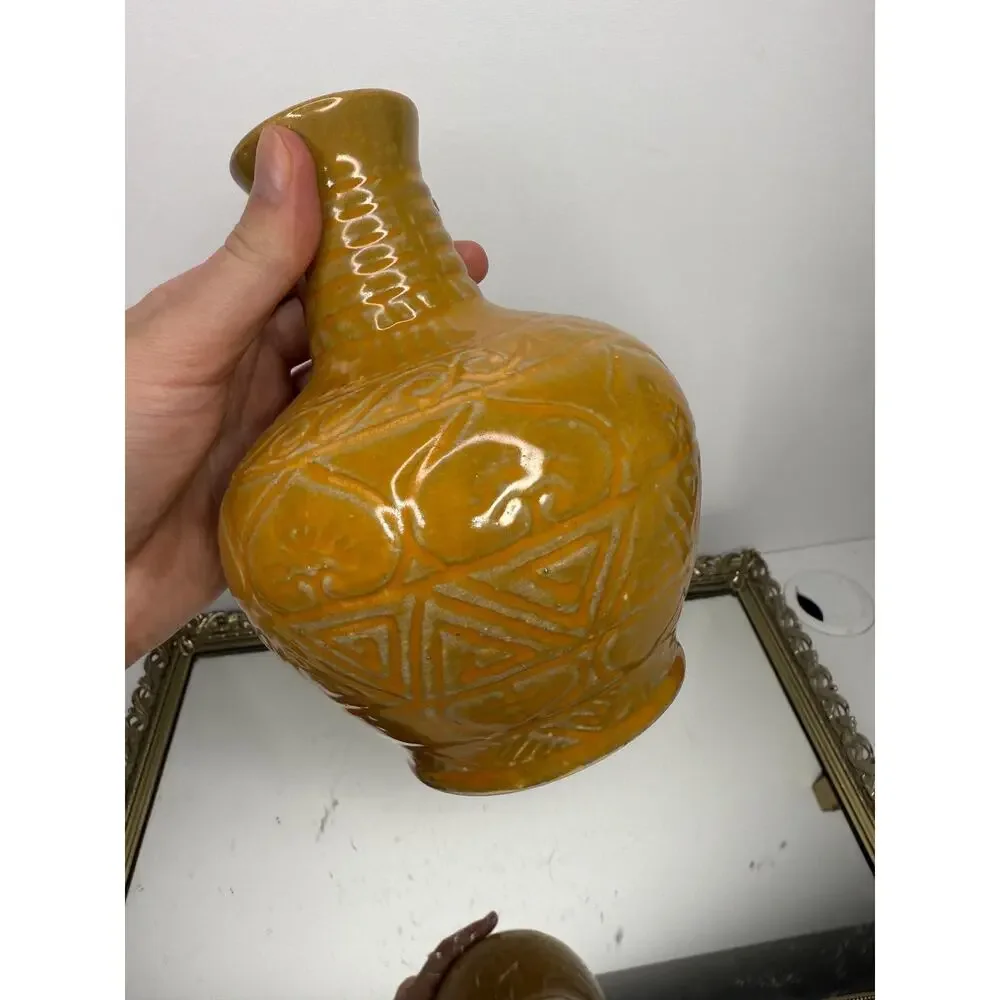 Vintage Handmade in Vietnam Mustard Yellow Vase with Incised Designs